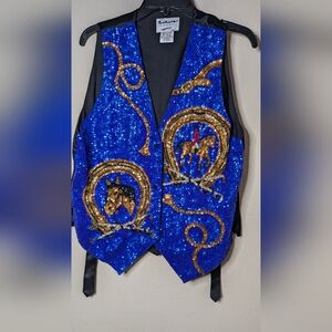 Vintage Sequin Cowboy Vest Cowgirl Bucking Horse Western Rodeo Gem size M Blue